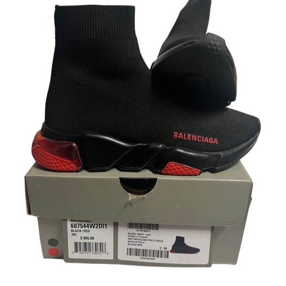 Balenciaga Black IT38 W38 Women Speed Trainers Runners Cloth Red Bubble Size 8 - Picture 2 of 9